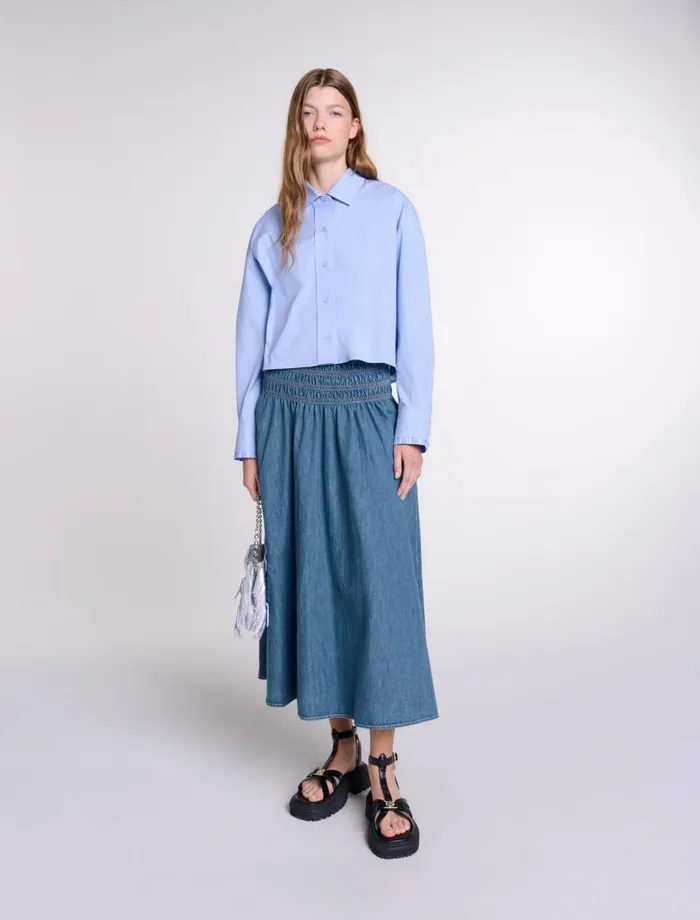 Maje Skirts and Shorts Womens Smocked Denim Skirt Blue Denim