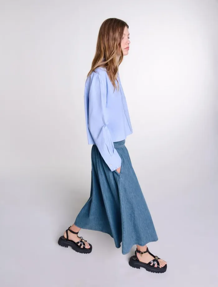 Maje Skirts and Shorts Womens Smocked Denim Skirt Blue Denim