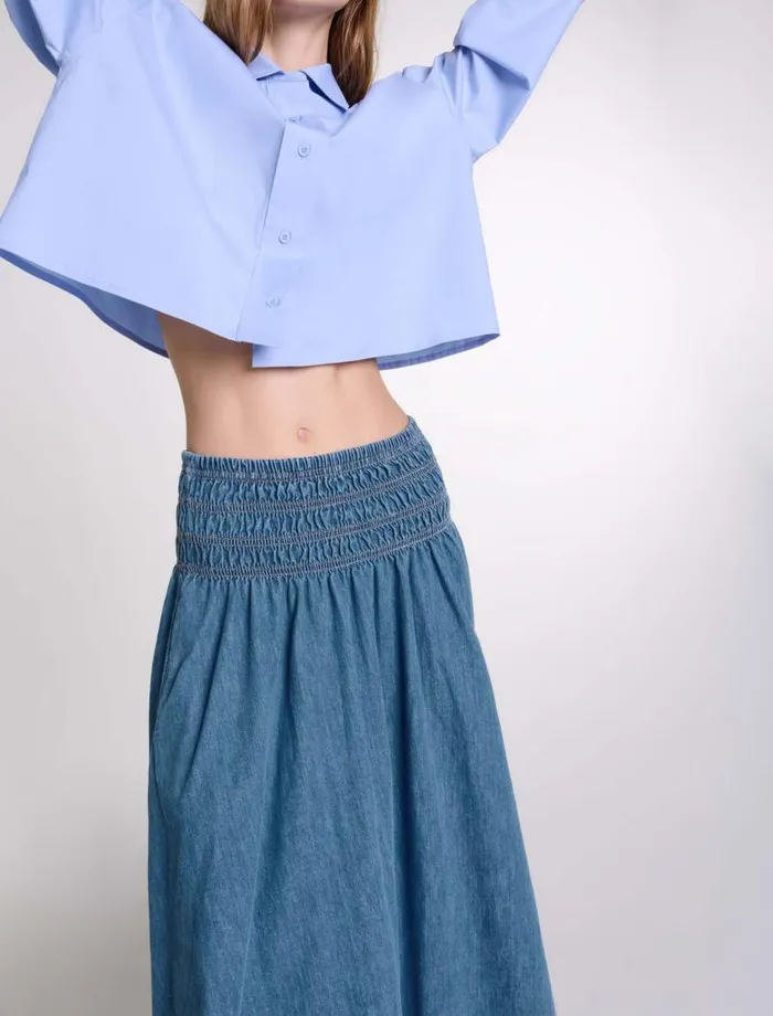 Maje Skirts and Shorts Womens Smocked Denim Skirt Blue Denim