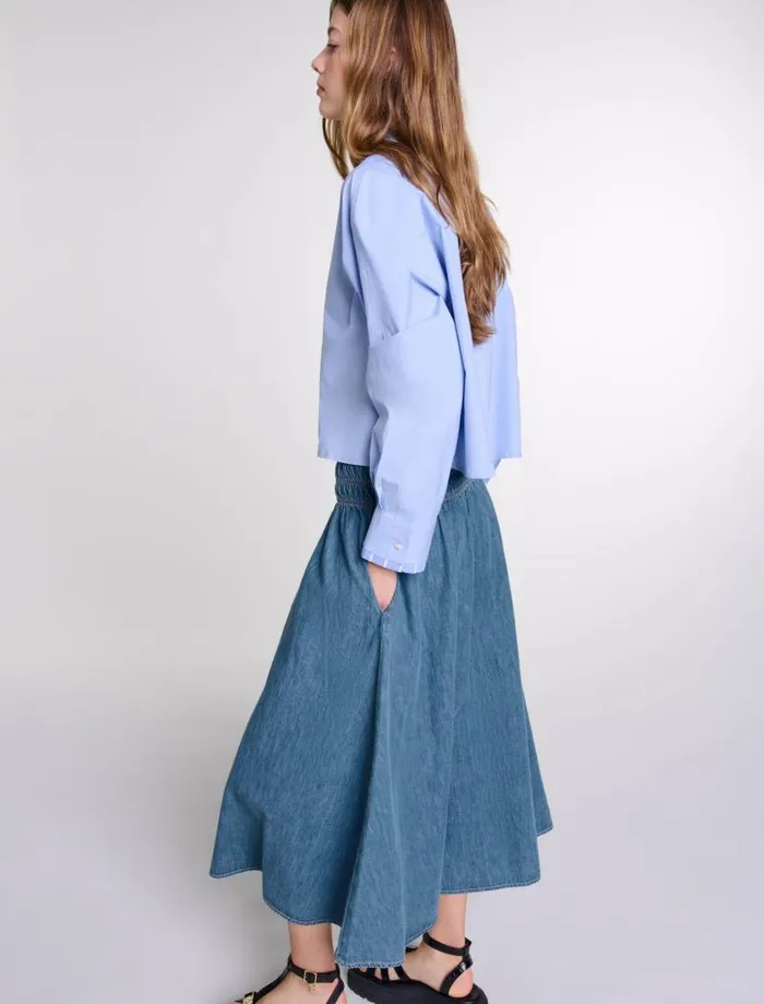 Maje Skirts and Shorts Womens Smocked Denim Skirt Blue Denim