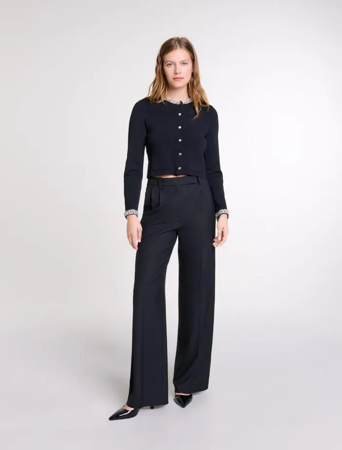 Maje Sweaters and Cardigans Womens Cardigan With Rhinestone Trim Black