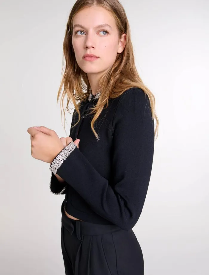 Maje Sweaters and Cardigans Womens Cardigan With Rhinestone Trim Black
