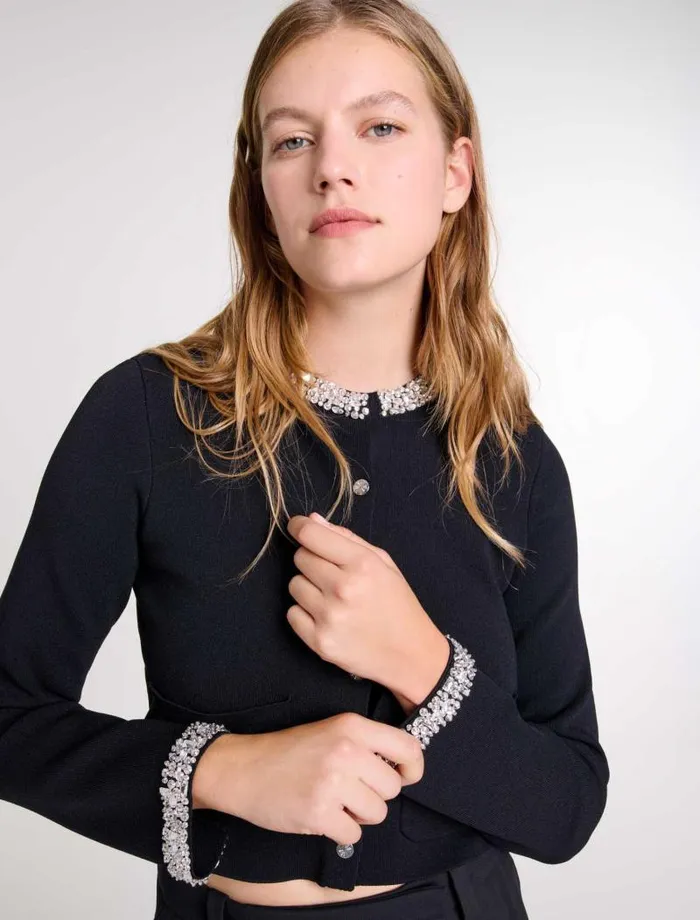 Maje Sweaters and Cardigans Womens Cardigan With Rhinestone Trim Black