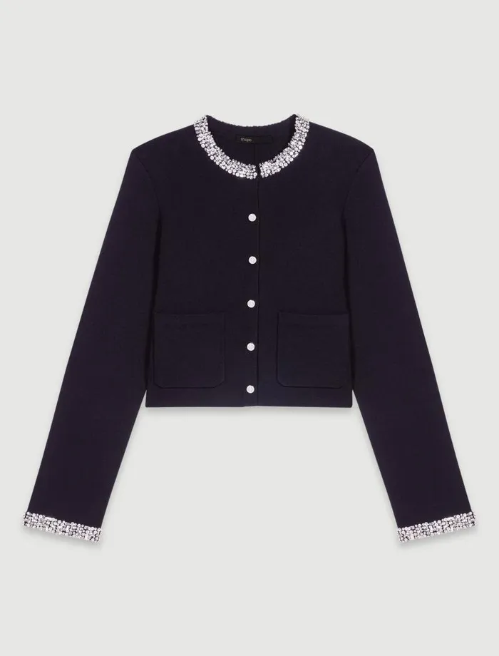 Maje Sweaters and Cardigans Womens Cardigan With Rhinestone Trim Black