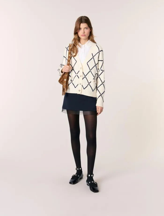Maje Sweaters and Cardigans Womens Diamond Pattern Knitted Cardigan Ecru