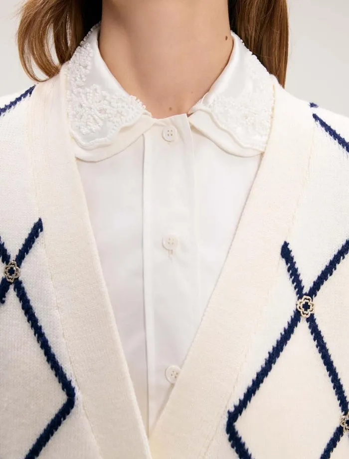Maje Sweaters and Cardigans Womens Diamond Pattern Knitted Cardigan Ecru Maje Sweaters and Cardigans Womens Diamond Pattern Knitted Cardigan Ecru
