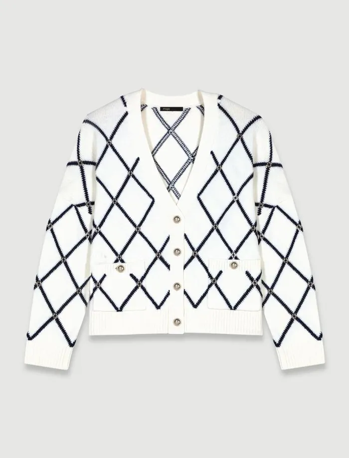 Maje Sweaters and Cardigans Womens Diamond Pattern Knitted Cardigan Ecru Maje Sweaters and Cardigans Womens Diamond Pattern Knitted Cardigan Ecru