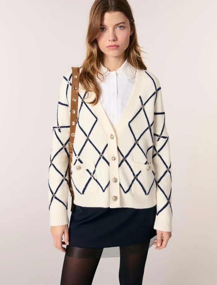 Maje Sweaters and Cardigans Womens Diamond Pattern Knitted Cardigan Ecru Maje Sweaters and Cardigans Womens Diamond Pattern Knitted Cardigan Ecru