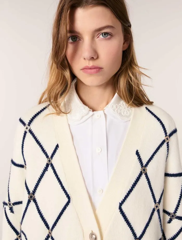 Maje Sweaters and Cardigans Womens Diamond Pattern Knitted Cardigan Ecru Maje Sweaters and Cardigans Womens Diamond Pattern Knitted Cardigan Ecru