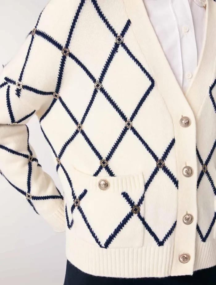 Maje Sweaters and Cardigans Womens Diamond Pattern Knitted Cardigan Ecru Maje Sweaters and Cardigans Womens Diamond Pattern Knitted Cardigan Ecru