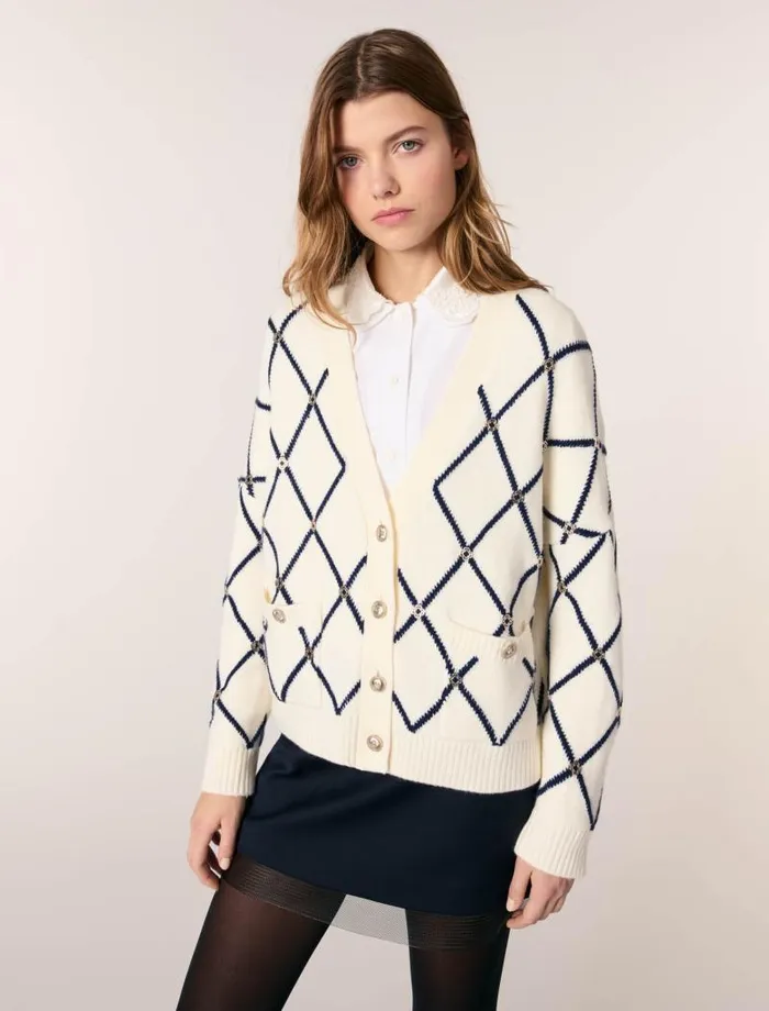 Maje Sweaters and Cardigans Womens Diamond Pattern Knitted Cardigan Ecru Maje Sweaters and Cardigans Womens Diamond Pattern Knitted Cardigan Ecru