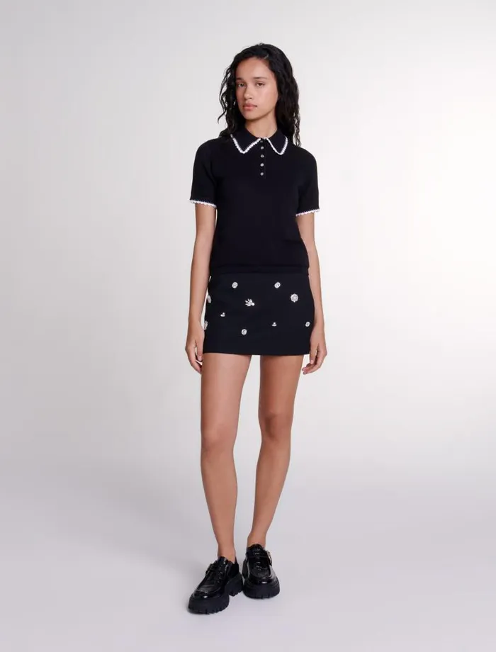Maje Sweaters and Cardigans Womens Pointelle Knit Polo Shirt Black