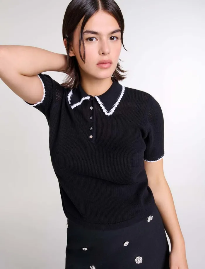 Maje Sweaters and Cardigans Womens Pointelle Knit Polo Shirt Black