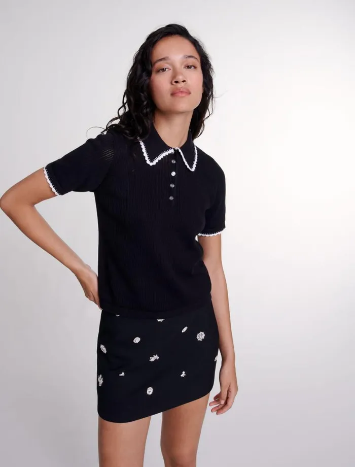 Maje Sweaters and Cardigans Womens Pointelle Knit Polo Shirt Black