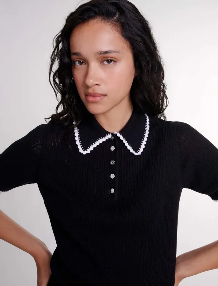 Maje Sweaters and Cardigans Womens Pointelle Knit Polo Shirt Black