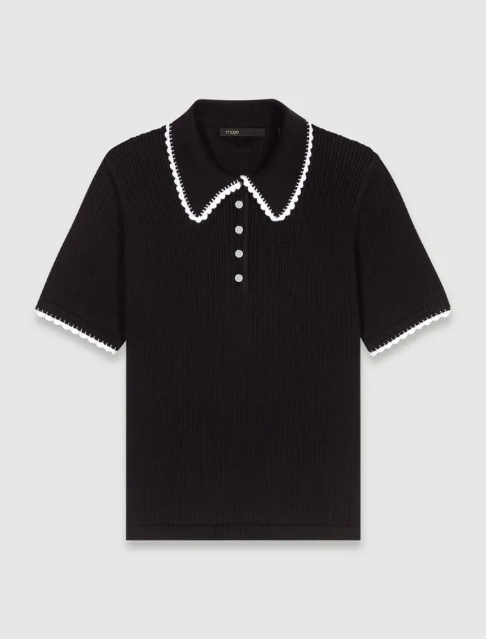 Maje Sweaters and Cardigans Womens Pointelle Knit Polo Shirt Black