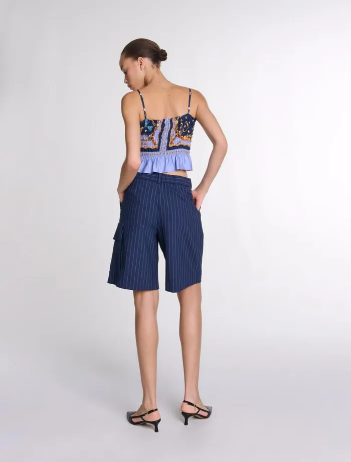 Maje Tops and Shirts Womens Printed Smocked Crop Top Chain Scarf Print