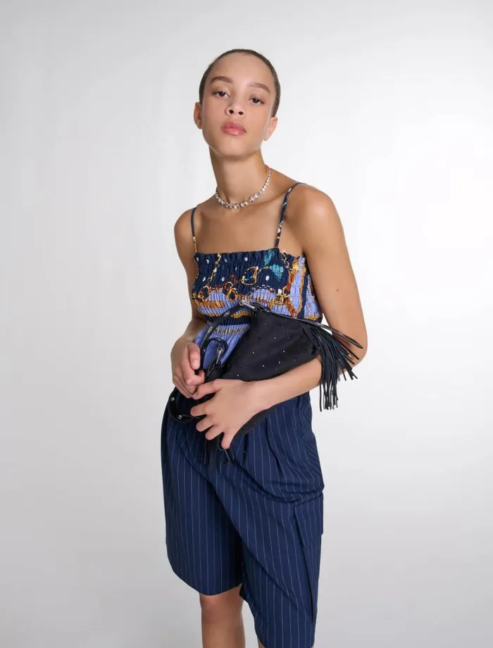Maje Tops and Shirts Womens Printed Smocked Crop Top Chain Scarf Print