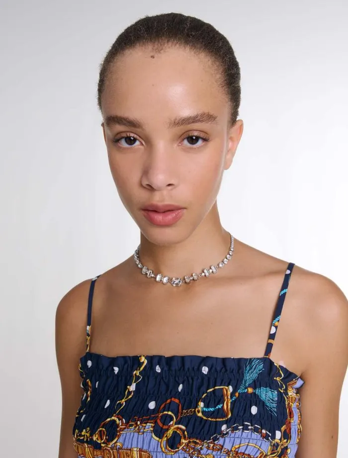 Maje Tops and Shirts Womens Printed Smocked Crop Top Chain Scarf Print