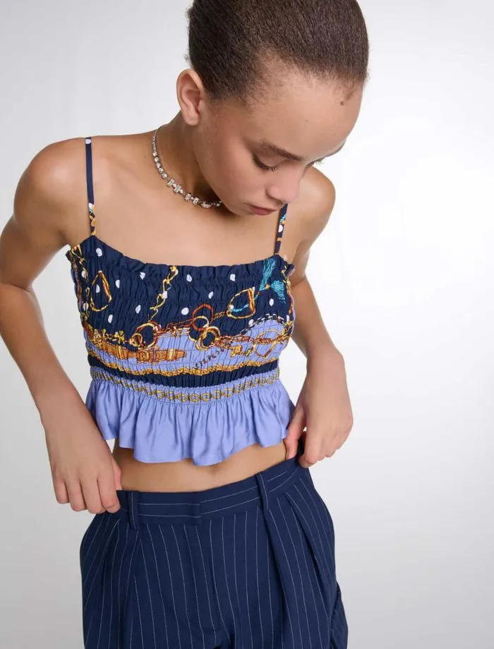 Maje Tops and Shirts Womens Printed Smocked Crop Top Chain Scarf Print