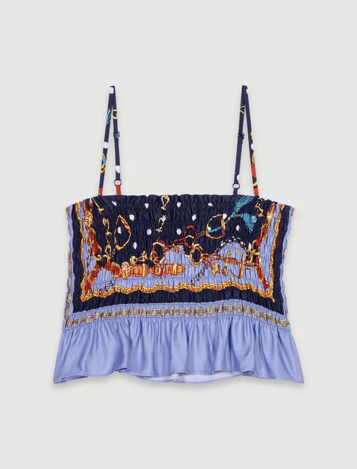 Maje Tops and Shirts Womens Printed Smocked Crop Top Chain Scarf Print