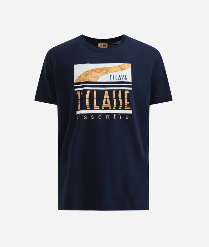 Man Knitwears Shirts and TShirts Alviero Martini Cotton TShirt With 1 Classe Essentia Logo Navy Blue
