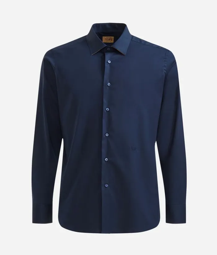Man Knitwears Shirts and TShirts Alviero Martini Slim Fit Stretch Cotton Shirt With Geo Classic Elbow Patches Navy Blue