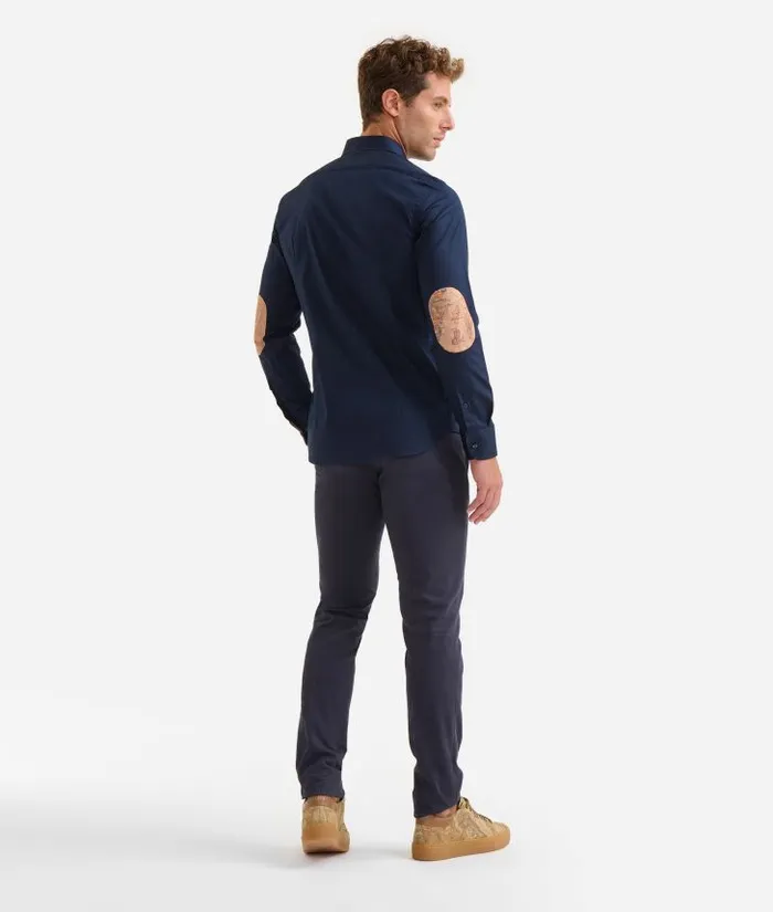 Man Knitwears Shirts and TShirts Alviero Martini Slim Fit Stretch Cotton Shirt With Geo Classic Elbow Patches Navy Blue