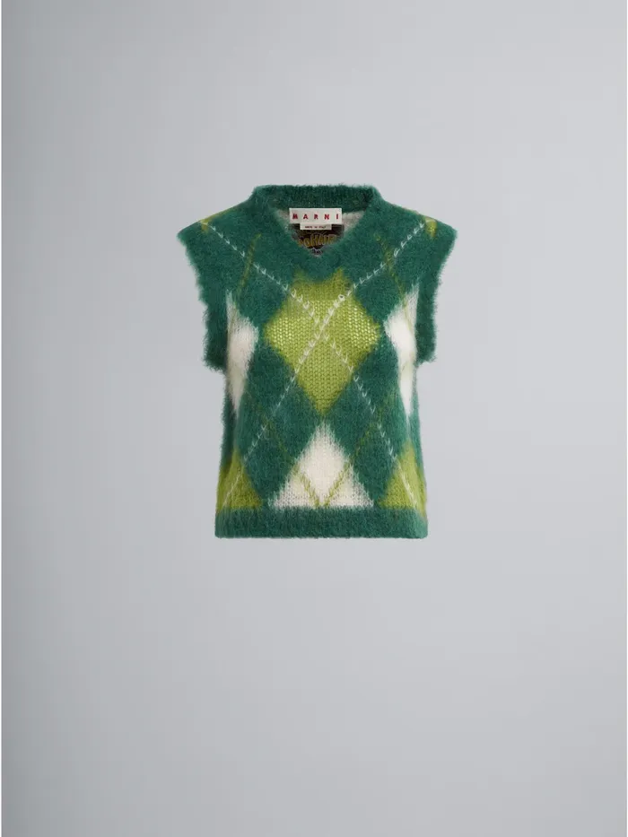Marni Iconic Mohair Argyle Vest Lawngreen Womens Knitwear