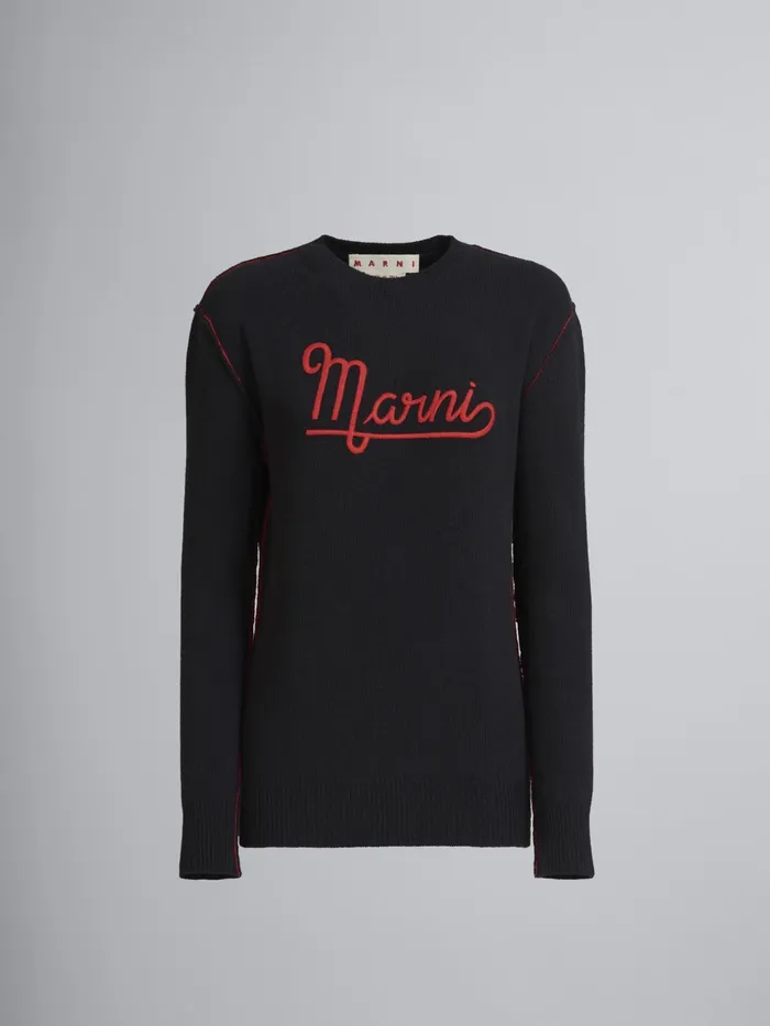 Marni Shetland Wool Longsleeved Sweater With Embroidered Logo Black Womens Knitwear Marni Shetland Wool Longsleeved Sweater With Embroidered Logo Black Womens Knitwear