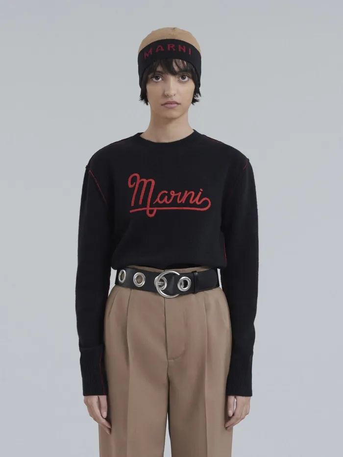 Marni Shetland Wool Longsleeved Sweater With Embroidered Logo Black Womens Knitwear Marni Shetland Wool Longsleeved Sweater With Embroidered Logo Black Womens Knitwear