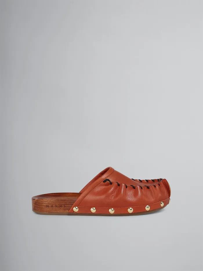 Marni Vegetabletanned Leather And Wood Clog Brick Womens Flats