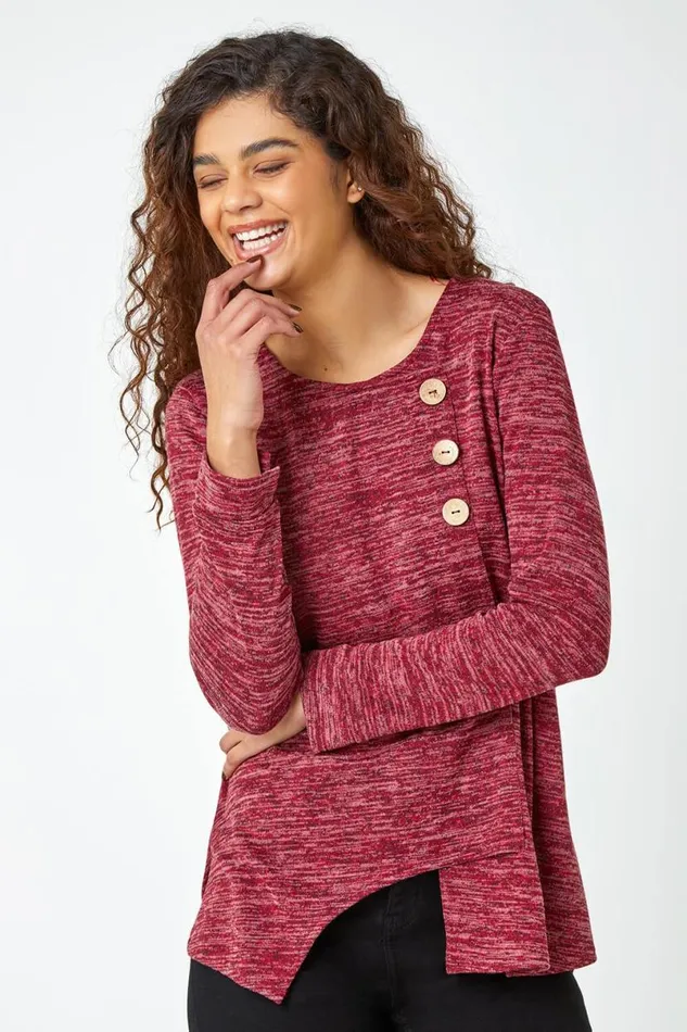 Maroon Button Stretch Knit Asymmetric Tunic Top Women Roman Tops