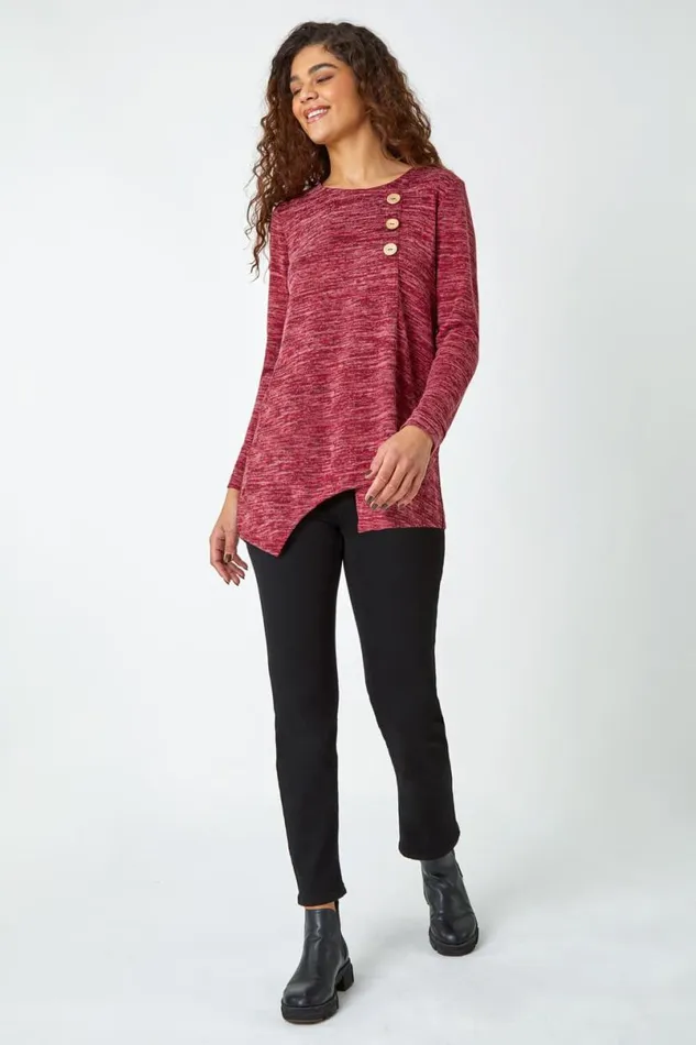 Maroon Button Stretch Knit Asymmetric Tunic Top Women Roman Tops