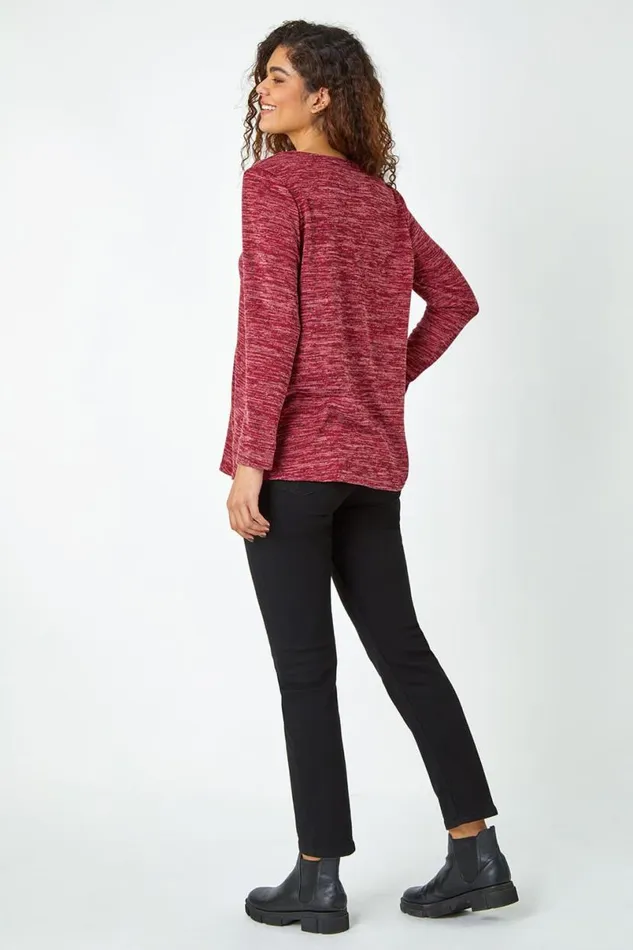 Maroon Button Stretch Knit Asymmetric Tunic Top Women Roman Tops