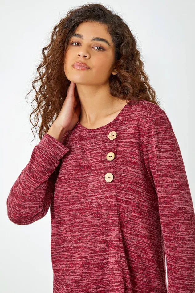 Maroon Button Stretch Knit Asymmetric Tunic Top Women Roman Tops