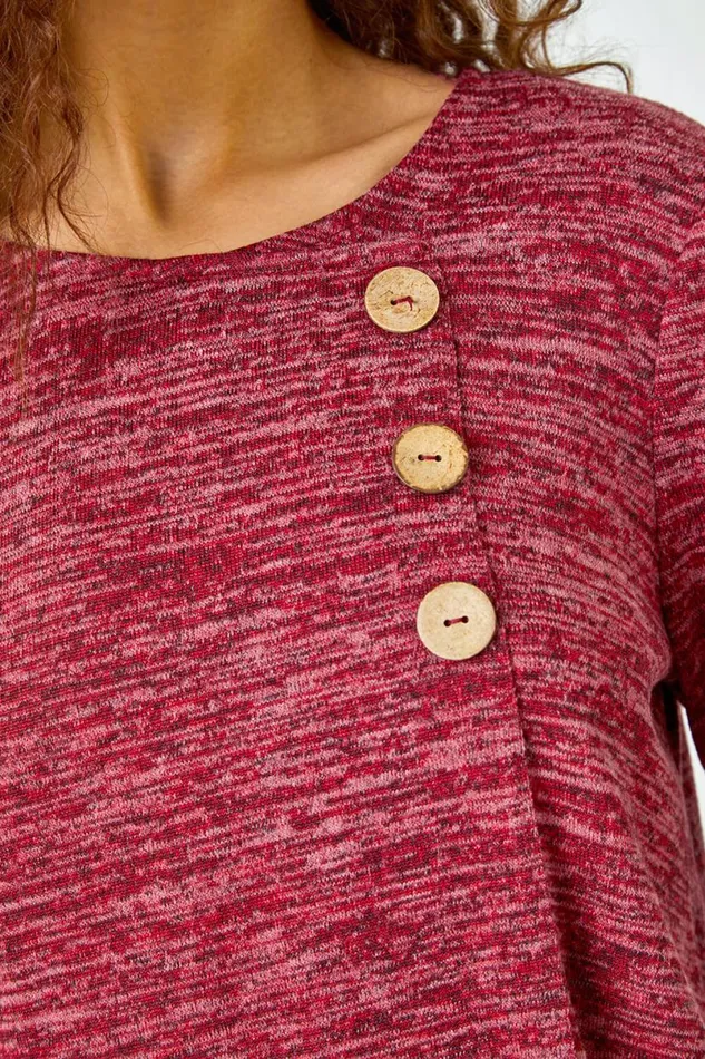 Maroon Button Stretch Knit Asymmetric Tunic Top Women Roman Tops