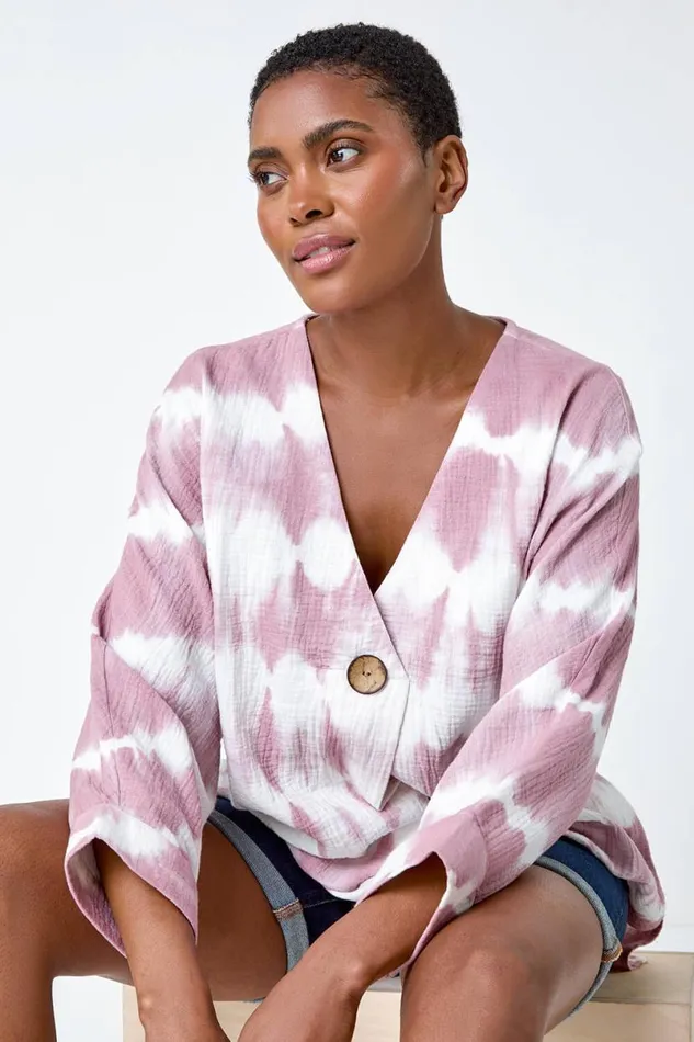 Mauve Cotton Tie Dye Button Detail VNeck Top Women Roman Tops