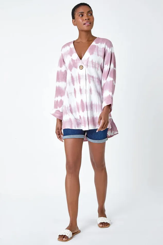 Mauve Cotton Tie Dye Button Detail VNeck Top Women Roman Tops