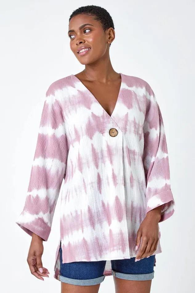 Mauve Cotton Tie Dye Button Detail VNeck Top Women Roman Tops