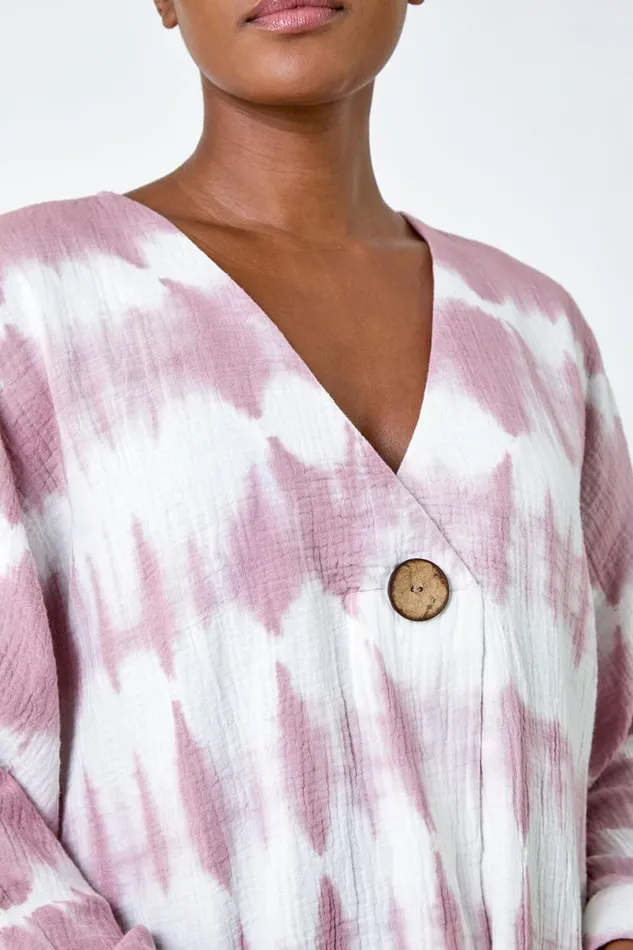 Mauve Cotton Tie Dye Button Detail VNeck Top Women Roman Tops