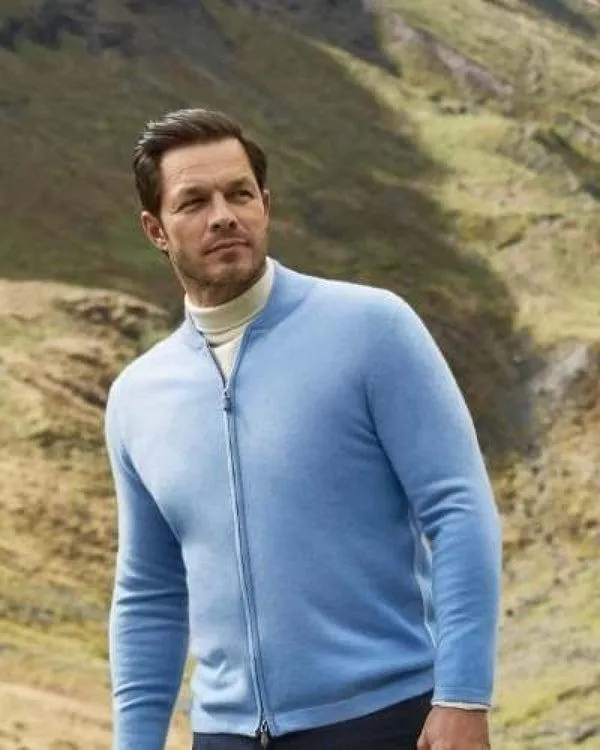 Men 007 Zip Through Cashmere Bomber JacketIn Light Blue Light Blue NPeal Half and Full Zip Knitwear