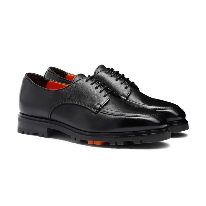 Men Black Leather Derby Shoe Santoni LaceUps