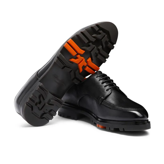 Men Black Leather Derby Shoe Santoni LaceUps