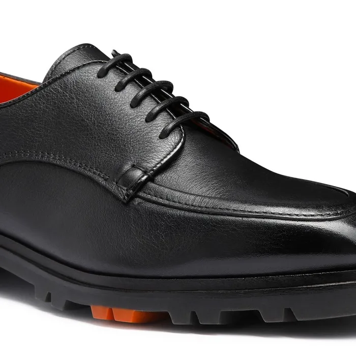 Men Black Leather Derby Shoe Santoni LaceUps