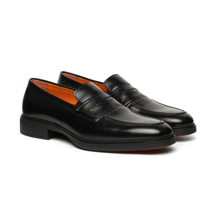 Men Black Leather Easy Loafer Santoni Loafers