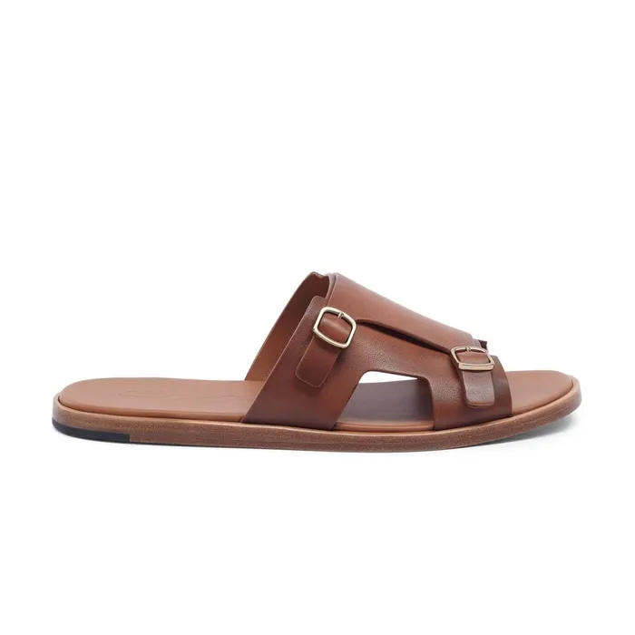 Men Brown Leather DoubleBuckle Sandal Santoni Sandals