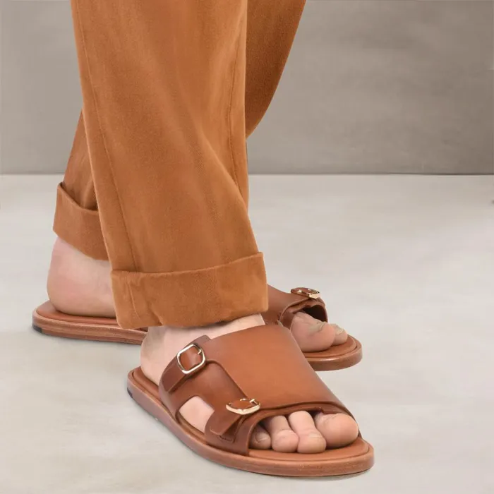 Men Brown Leather DoubleBuckle Sandal Santoni Sandals