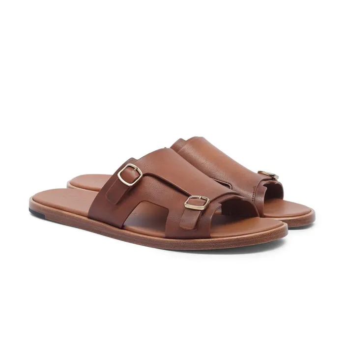 Men Brown Leather DoubleBuckle Sandal Santoni Sandals