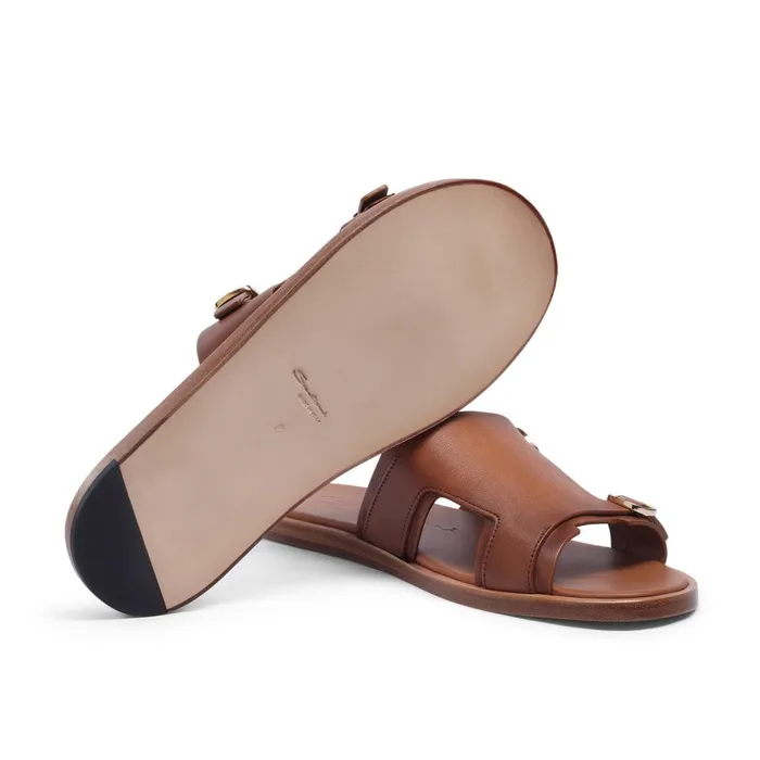 Men Brown Leather DoubleBuckle Sandal Santoni Sandals